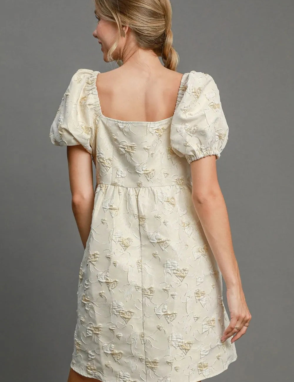 Umgee Heart Jacquard Square Neck Puff Sleeve Mini Dress Cream | Mini Dresses Daverri Fashions