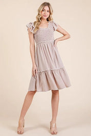 TAUPE Lime 'N' Chili Ruffle Trim Smocked Dress with Contrast | Daverri Fashions