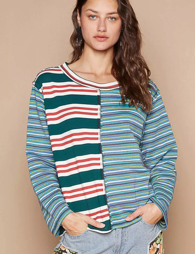 GREEN MULTI POL Color Block Striped Round Neck Long Sleeve T-Shirt | T-Shirts Daverri Fashions