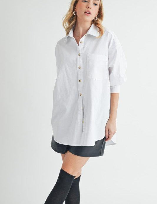 Aemi + Co High-Low Collared Neck Drop Shoulder Shirt | Shirts Daverri Fashions