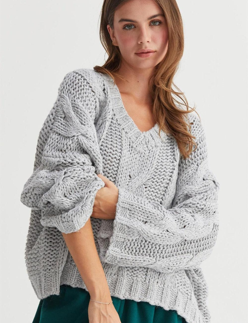 Gray L HYFVE Cable Knit V-Neck Sweater | Sweaters Daverri Fashions