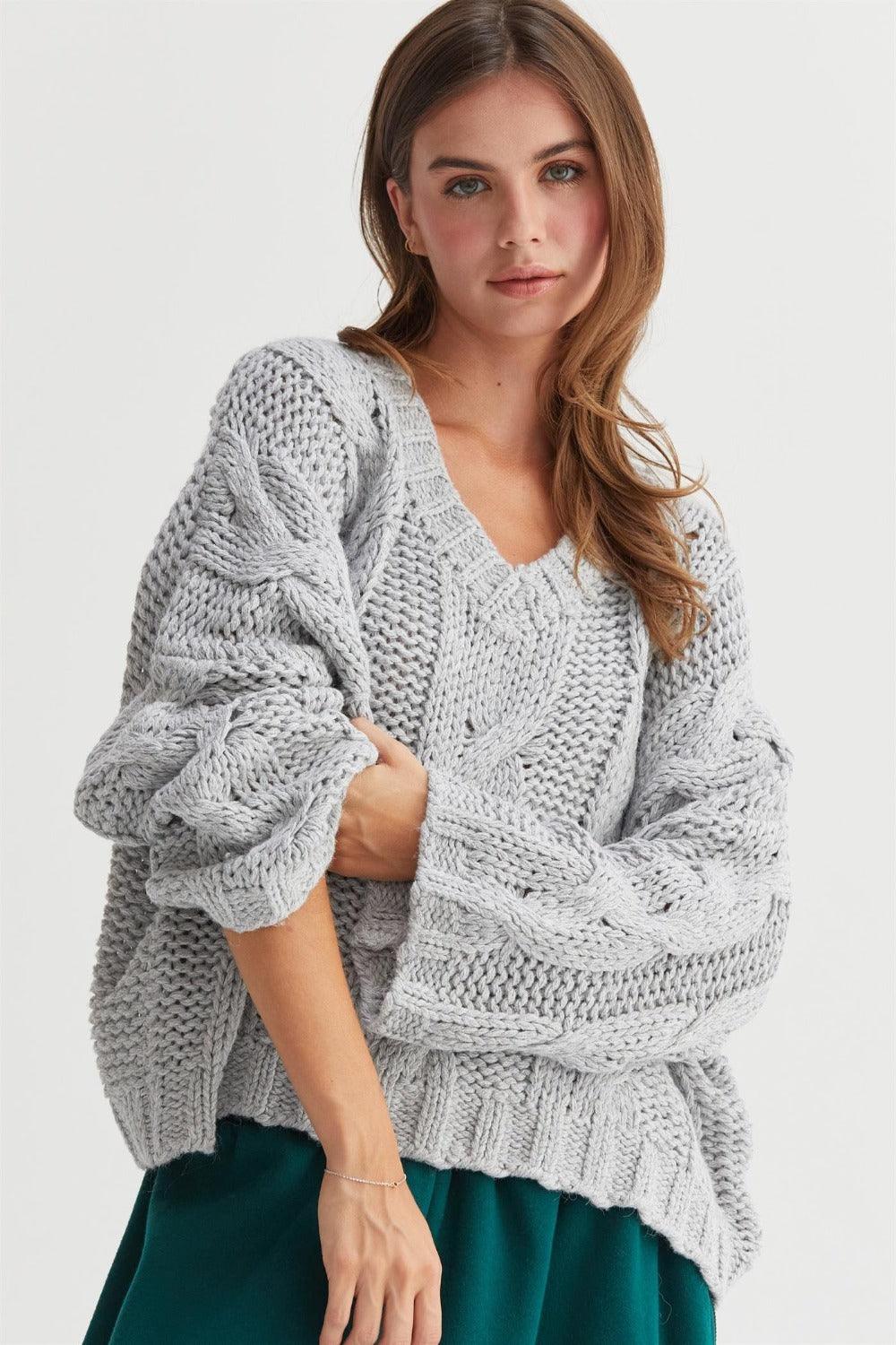 Gray L HYFVE Cable Knit V-Neck Sweater | Sweaters Daverri Fashions