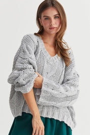 Gray L HYFVE Cable Knit V-Neck Sweater | Sweaters Daverri Fashions