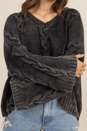 HYFVE Cable Knit V-Neck Dropped Shoulder Oversized Sweater | Sweaters Daverri Fashions