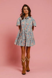 BiBi Floral Print Washed Lightweight Tiered Shirt Dress | Mini Dresses Daverri Fashions