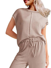 Ribbed Exposed Seam Top and Pants Set | Loungewear Sets Daverri Fashions