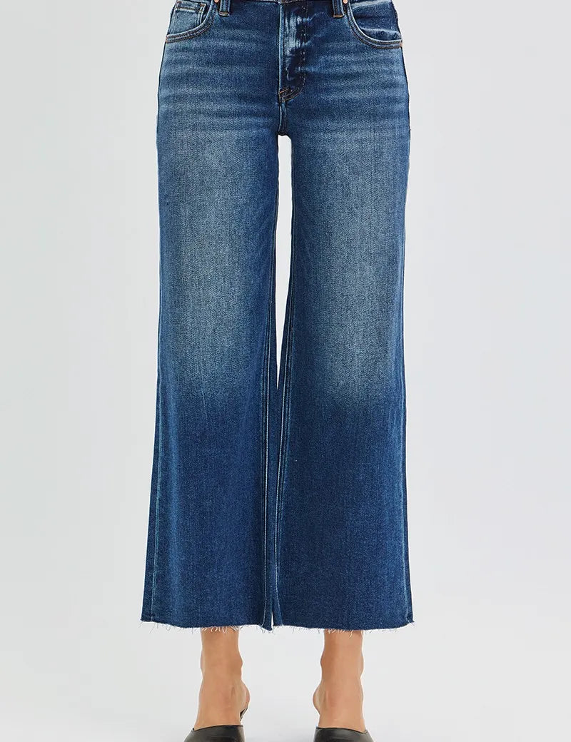 RISEN Full Size Mid Rise Crop Wide Raw Cut Hem Jeans Plus Size | Jeans Daverri Fashions