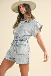Annie Wear Elastic Waistband Short Sleeve Denim Romper | Denim Rompers Daverri Fashions