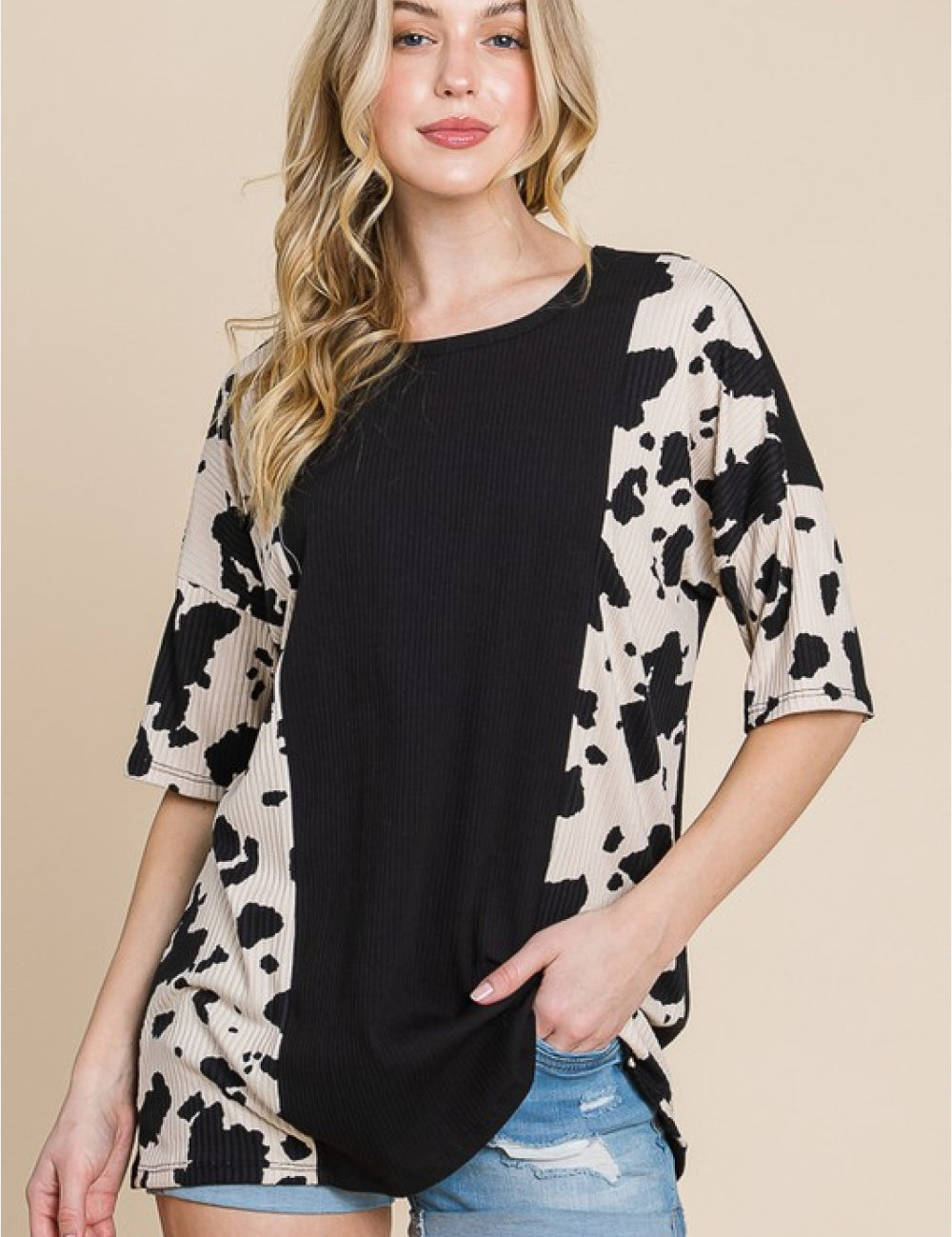 Black BOMBOM Rodeo Love Ribbed Animal Contrast Tee | Daverri Fashions
