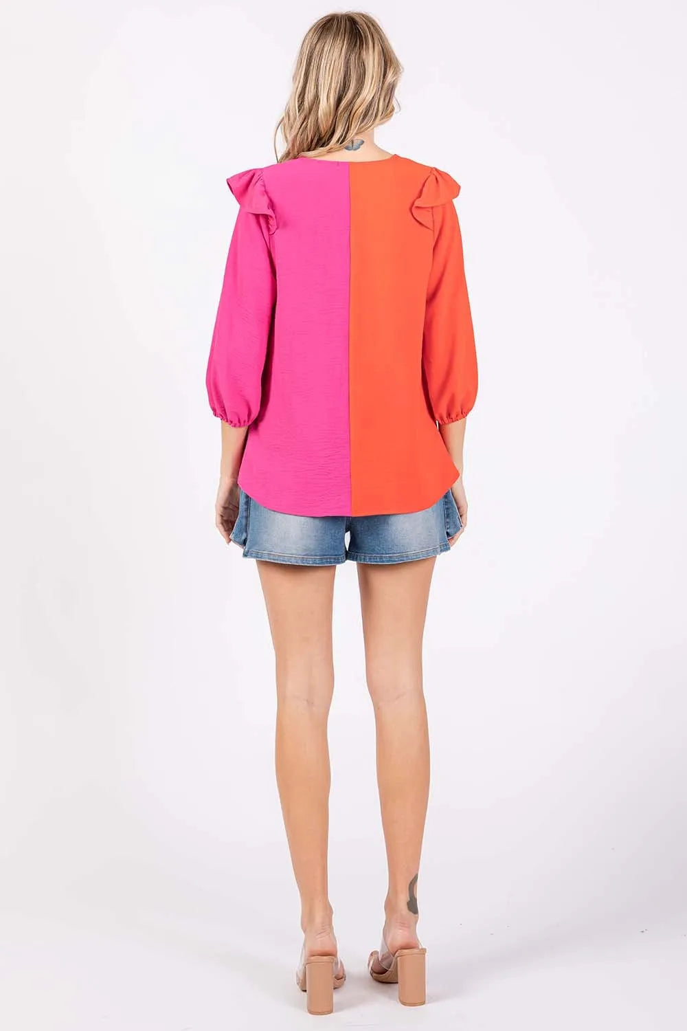GeeGee Full Size Ruffle Trim Contrast Blouse | Daverri Fashions