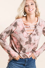 Tie Dye French Terry V-neck Top | Tops Daverri Fashions