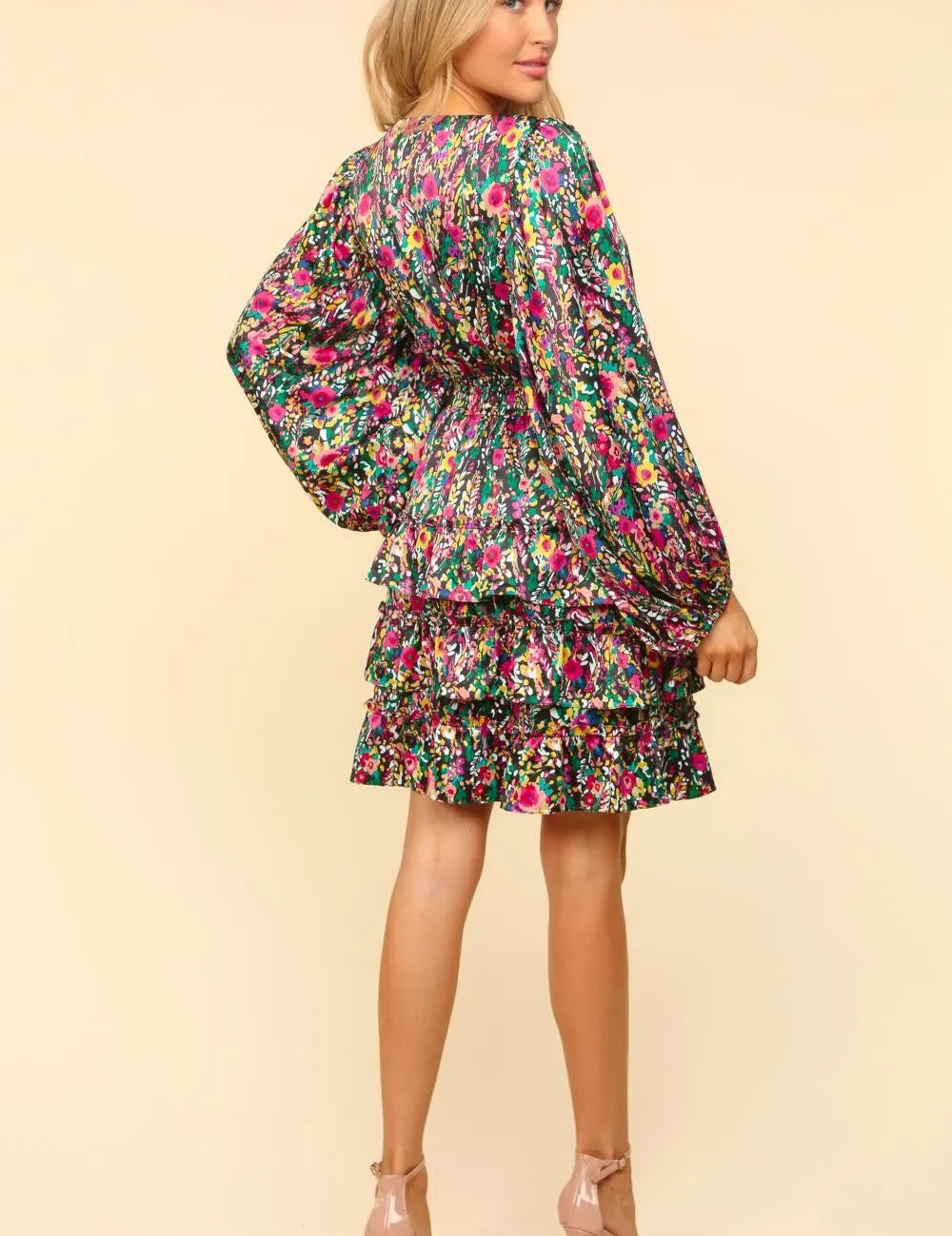 Haptics V-Neck Satin Floral Layered Dress | Mini Dresses Daverri Fashions