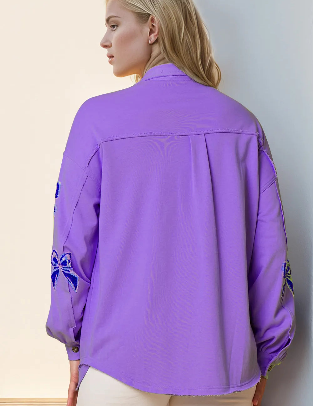 Double Take Full Size Sequin Bow Button Up Shacket | Shackets Daverri Fashions