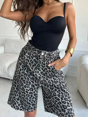 Leopard Print High-Waisted Denim Shorts | Shorts Daverri Fashions