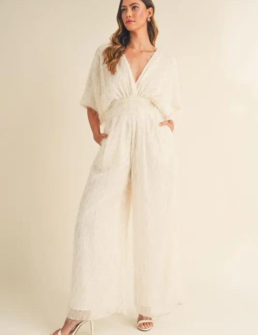 MABLE Fluffy Deep V Neck Wide Leg Jumpsuit | Jumpsuits Daverri Fashions