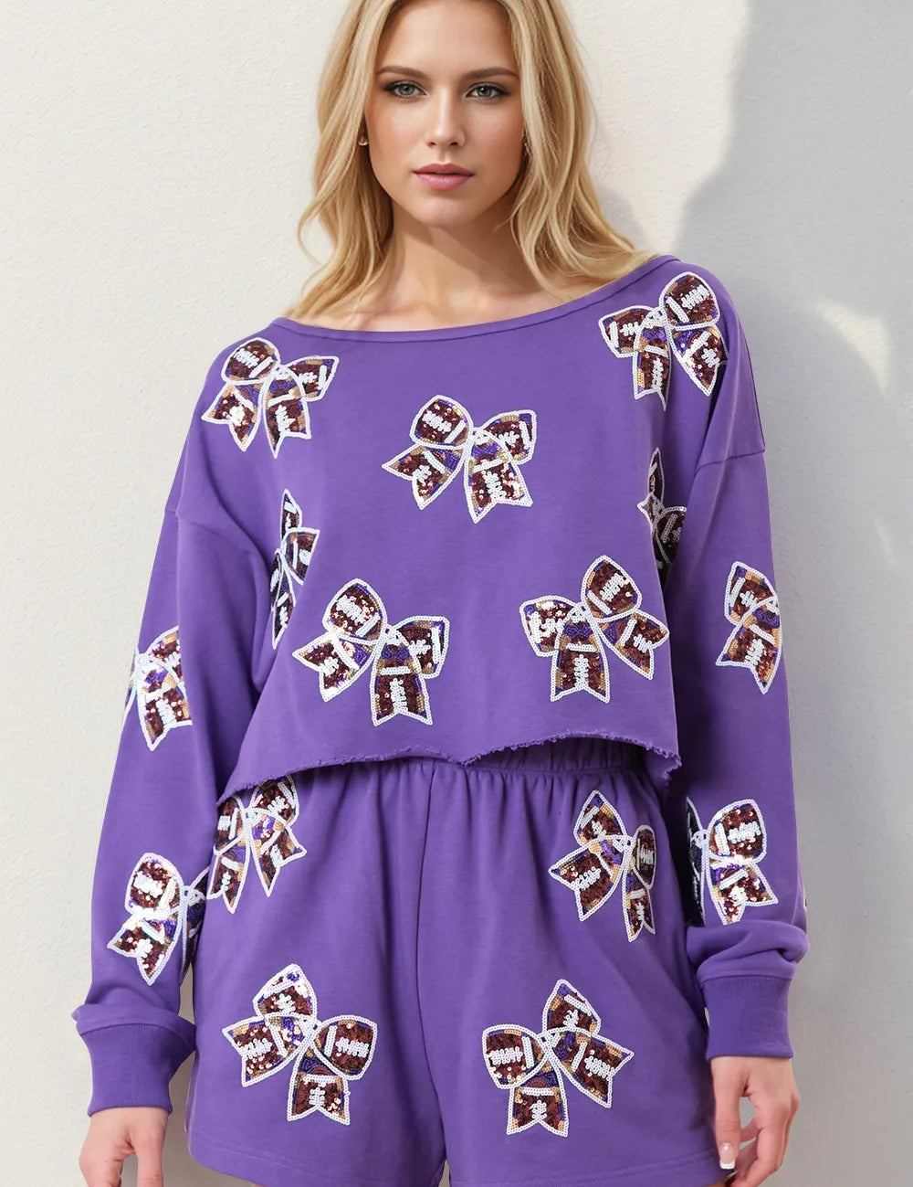 Lavender Double Take Sequin Bow Cropped Top and Shorts Set | Loungewear Sets Daverri Fashions