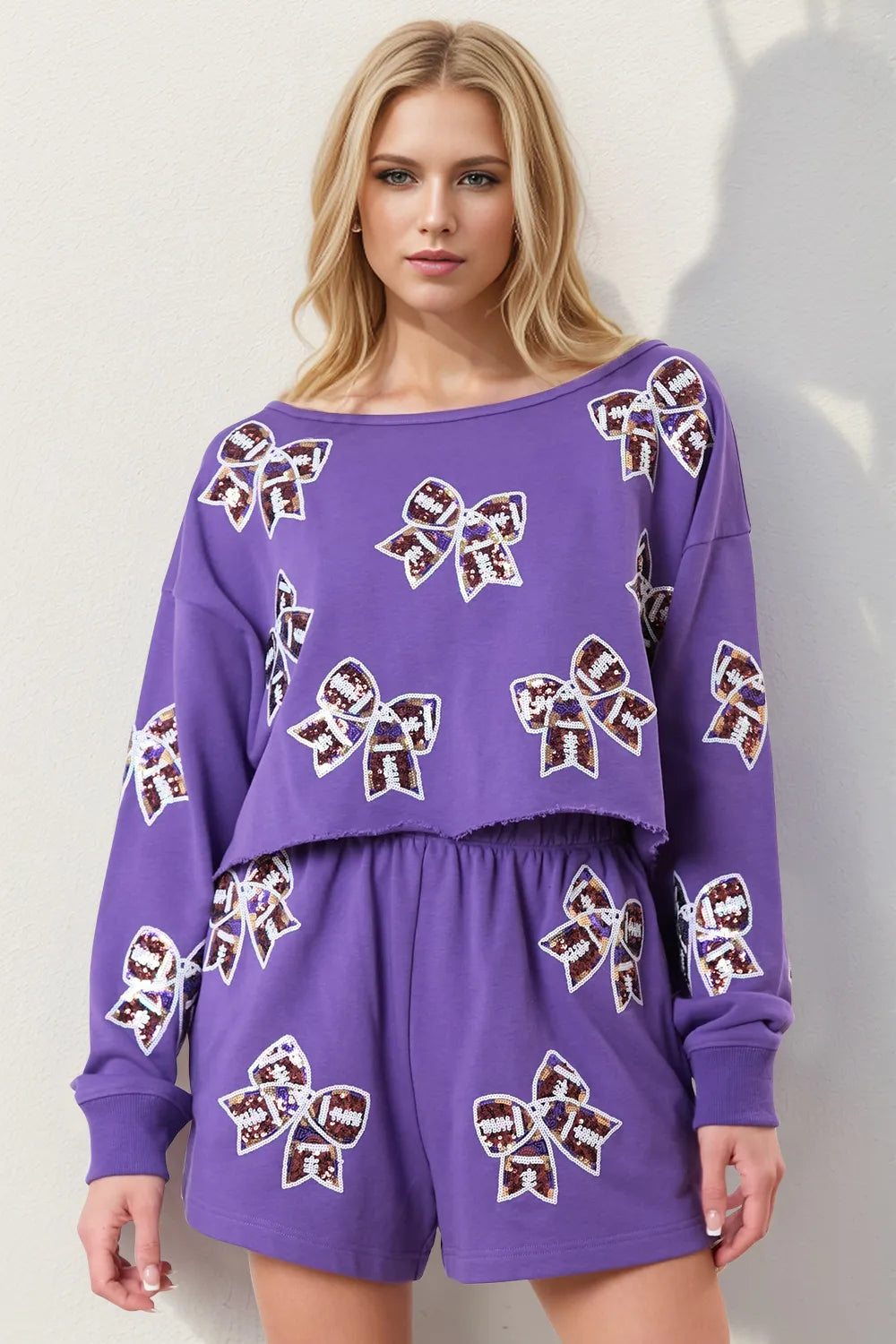 Lavender Double Take Sequin Bow Cropped Top and Shorts Set | Loungewear Sets Daverri Fashions