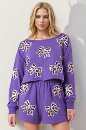Lavender Double Take Sequin Bow Cropped Top and Shorts Set | Loungewear Sets Daverri Fashions