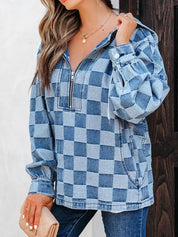 Checkered Half Zip Denim Hoodie Top | Hoodies Daverri Fashions