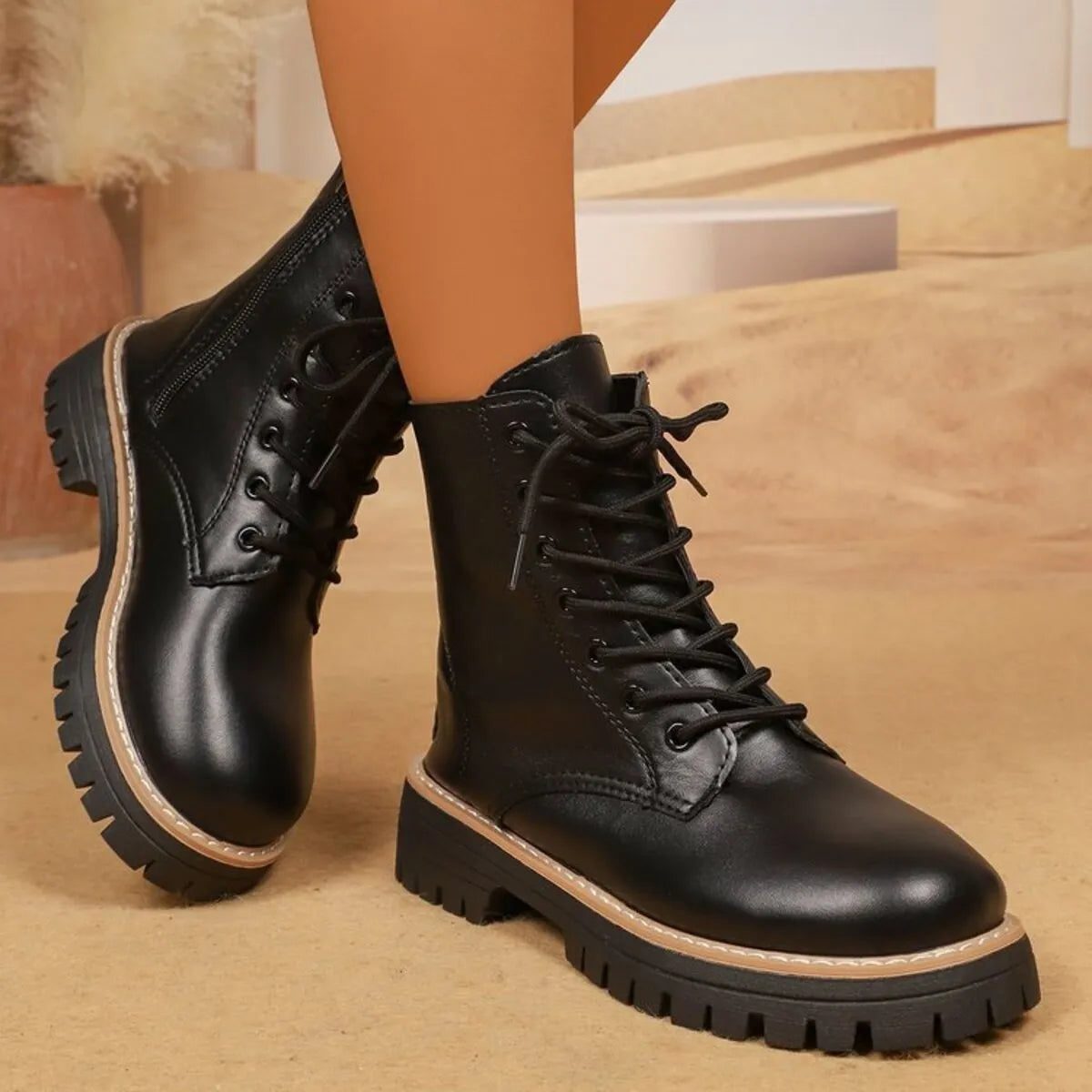 Lace Up Leather Combat Boots with Chunky Sole | Boots Daverri Fashions