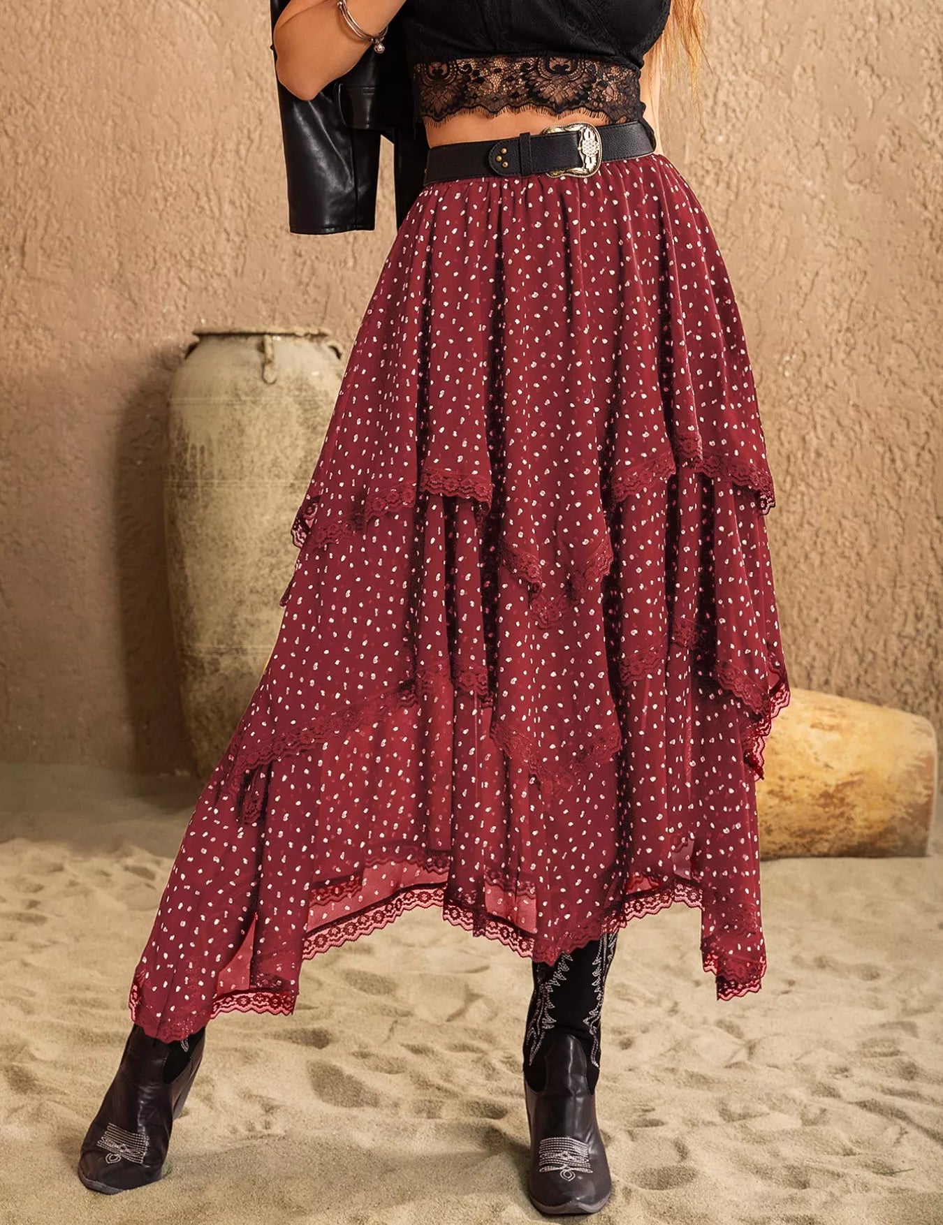 Burgundy Lace Detail Layered Skirt | Skirts Daverri Fashions