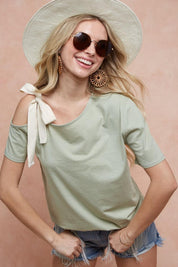 Sage Cream S BiBi Tied Ribbon One Shoulder Short Sleeve T-Shirt | T-Shirts Daverri Fashions