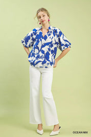 Umgee Floral Print Puff Sleeve Blouse with Scallop Hem | Blouses Daverri Fashions