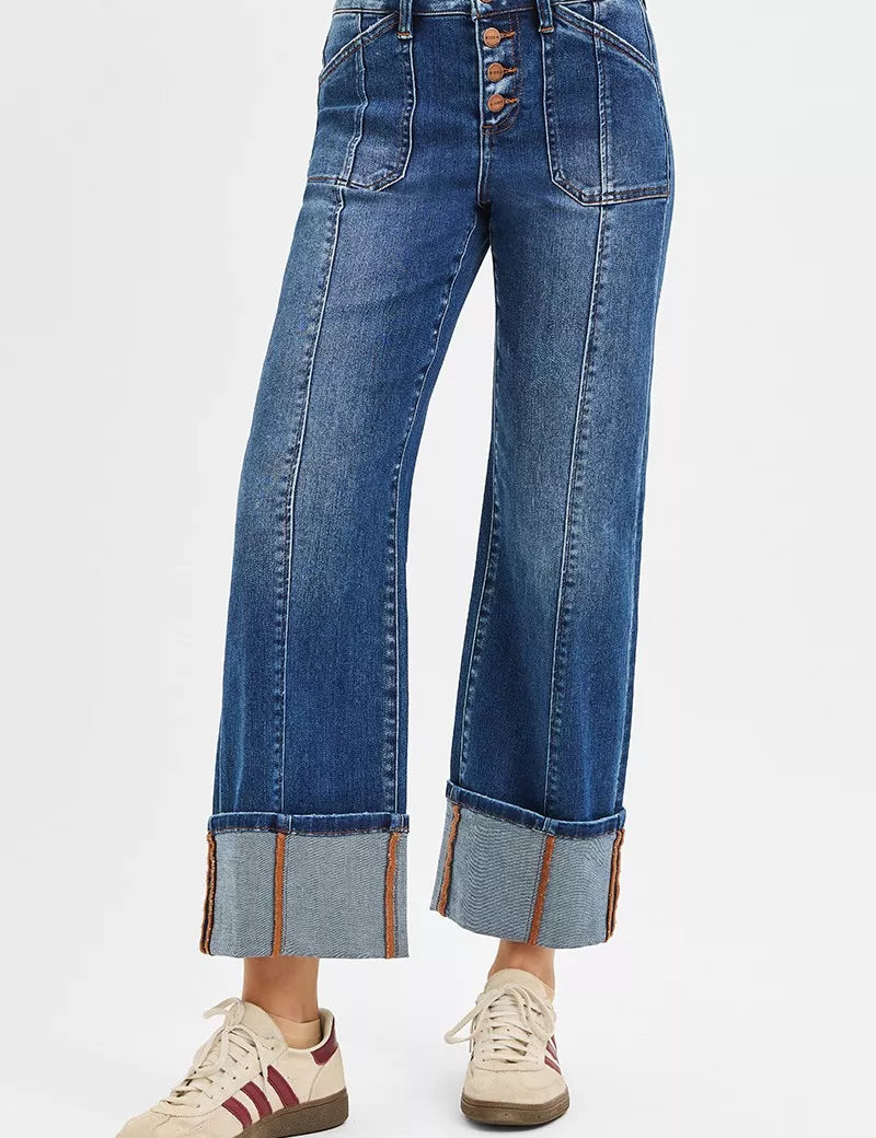 DARK RISEN Full Size High Rise Crop Wide Straight Cuffed Jeans Plus Size | Jeans Daverri Fashions