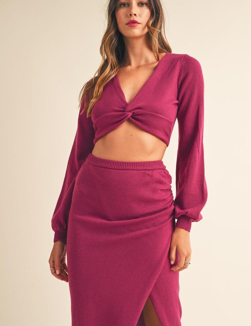 Magenta MABLE Front Twisted Knit Top and Midi Skirt Set | Outfit Sets Daverri Fashions