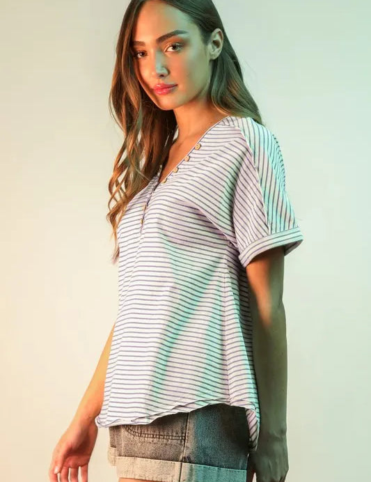 VERY J Striped V-Neck Short Sleeve T-Shirt | T-Shirts Daverri Fashions