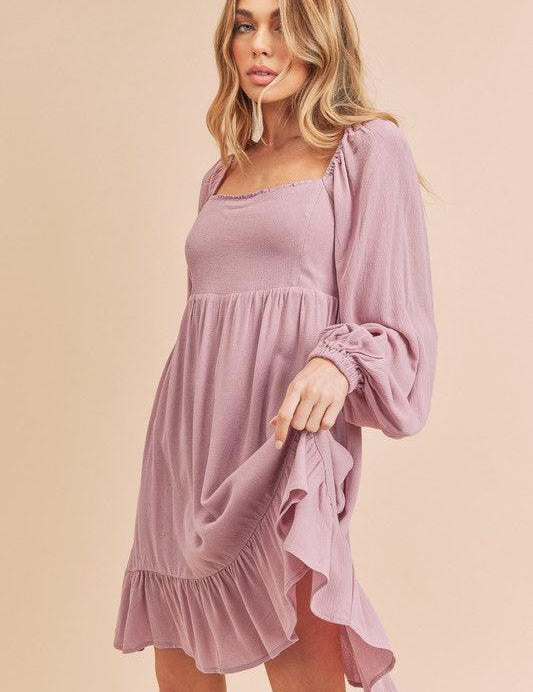 Aemi + Co Ruffled Hem Square Neck Balloon Sleeve Mini Dress | Mini Dresses Daverri Fashions