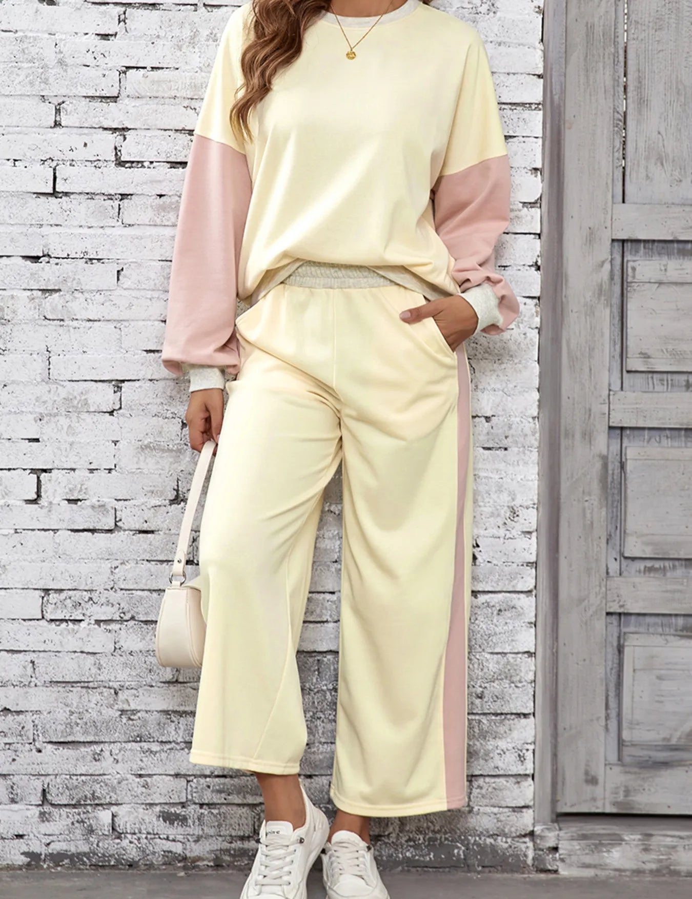 Ivory Color Block Round Neck Top and Pants Set | Loungewear Sets Daverri Fashions