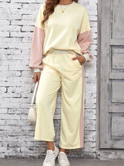 Ivory Color Block Round Neck Top and Pants Set | Loungewear Sets Daverri Fashions