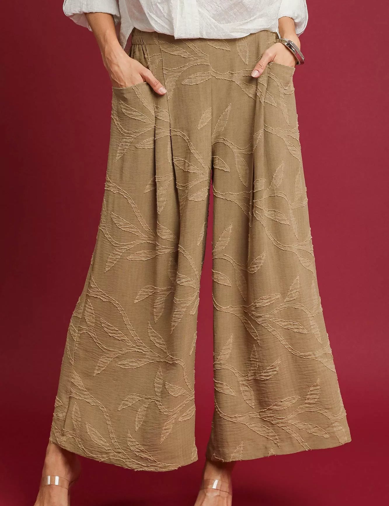 MUSHROOM Umgee Jacquard Wide-Leg Pants | Pants Daverri Fashions