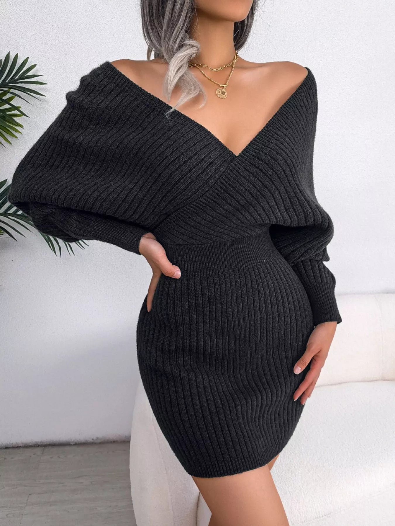 Black Surplice Long Sleeve Sweater Dress | Mini Dresses Daverri Fashions