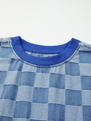 Checkerboard Splicing Raw Detail Oversized Denim Top | Tops Daverri Fashions