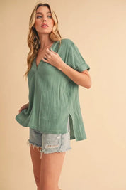 Aemi + Co Side Slit V-Neck Short Sleeve Blouse | Daverri Fashions