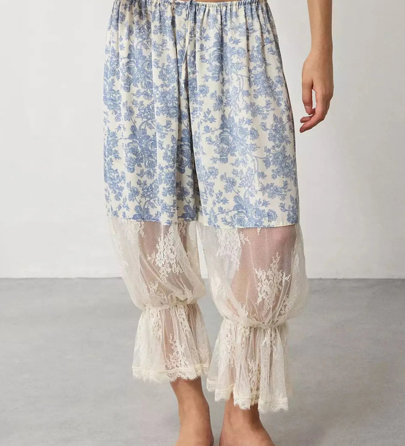 Light Blue Floral Lace Patchwork Pants | Pants Daverri Fashions