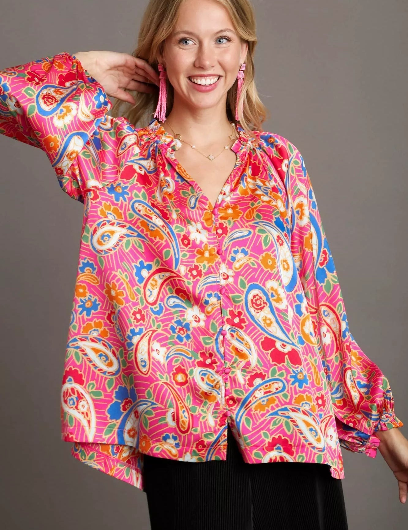 Hot Pink Umgee Full Size Satin Paisley Ruffle Neck Button-Up Shirt Plus Size | Shirts Daverri Fashions