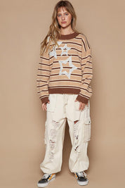 POL Star Patch Stripe Round Neck Sweater | Sweaters Daverri Fashions
