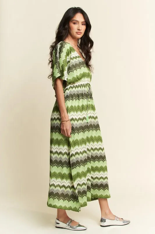 Davi & Dani Multi Color Wavy Tie Waist Flowy Sleeve Dress | Daverri Fashions