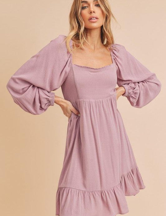 Moonlit Mauve Aemi + Co Ruffled Hem Square Neck Balloon Sleeve Mini Dress | Mini Dresses Daverri Fashions
