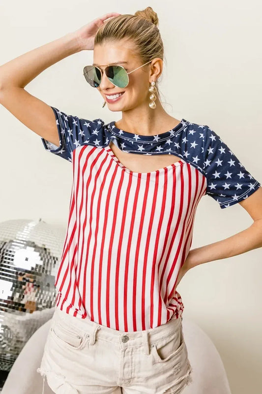 BiBi American Flag Theme Front Cut Out Top - DAVERRI FASHIONS