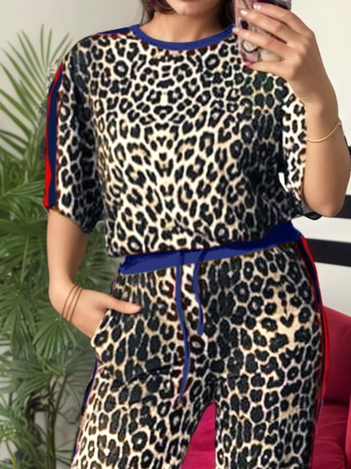 Leopard Round Neck Top and Pants Two-Piece Set | Loungewear Sets Daverri Fashions