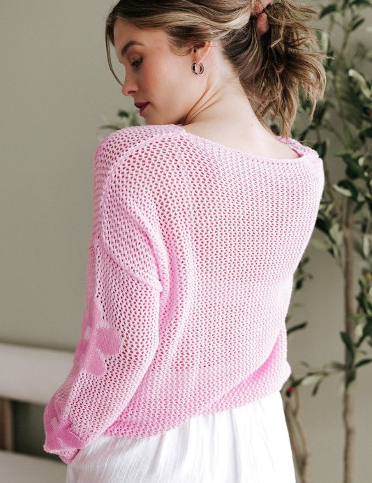 Dulce Big Flower Hollowed Knit Drop Shoulder Sweater | Sweaters Daverri Fashions