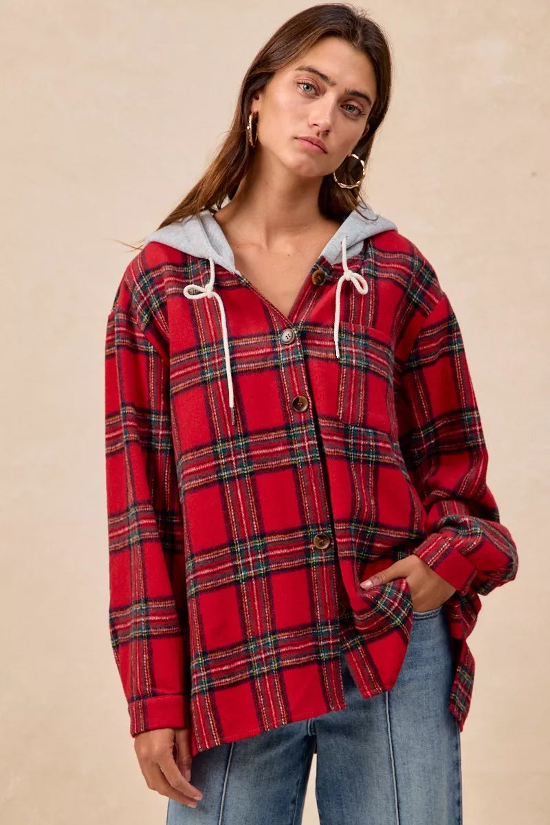 BiBi Brushed Plaid Hooded Jacket | Jackets Daverri Fashions