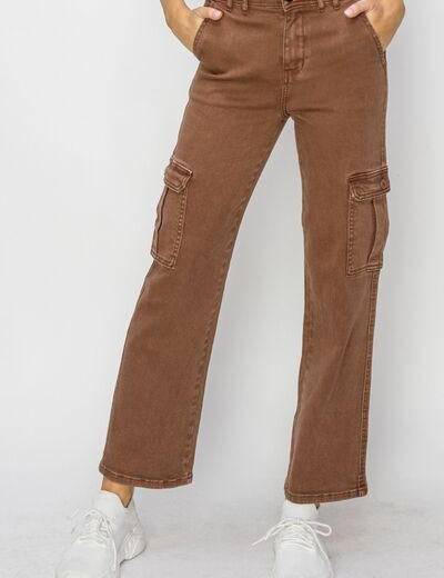 Espresso Risen Full Size High Rise Cargo Jeans | Daverri Fashions