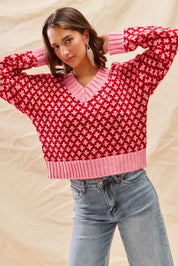 SO ME Color Block Textured Christmas Sweater V Neck Top | Sweaters Daverri Fashions