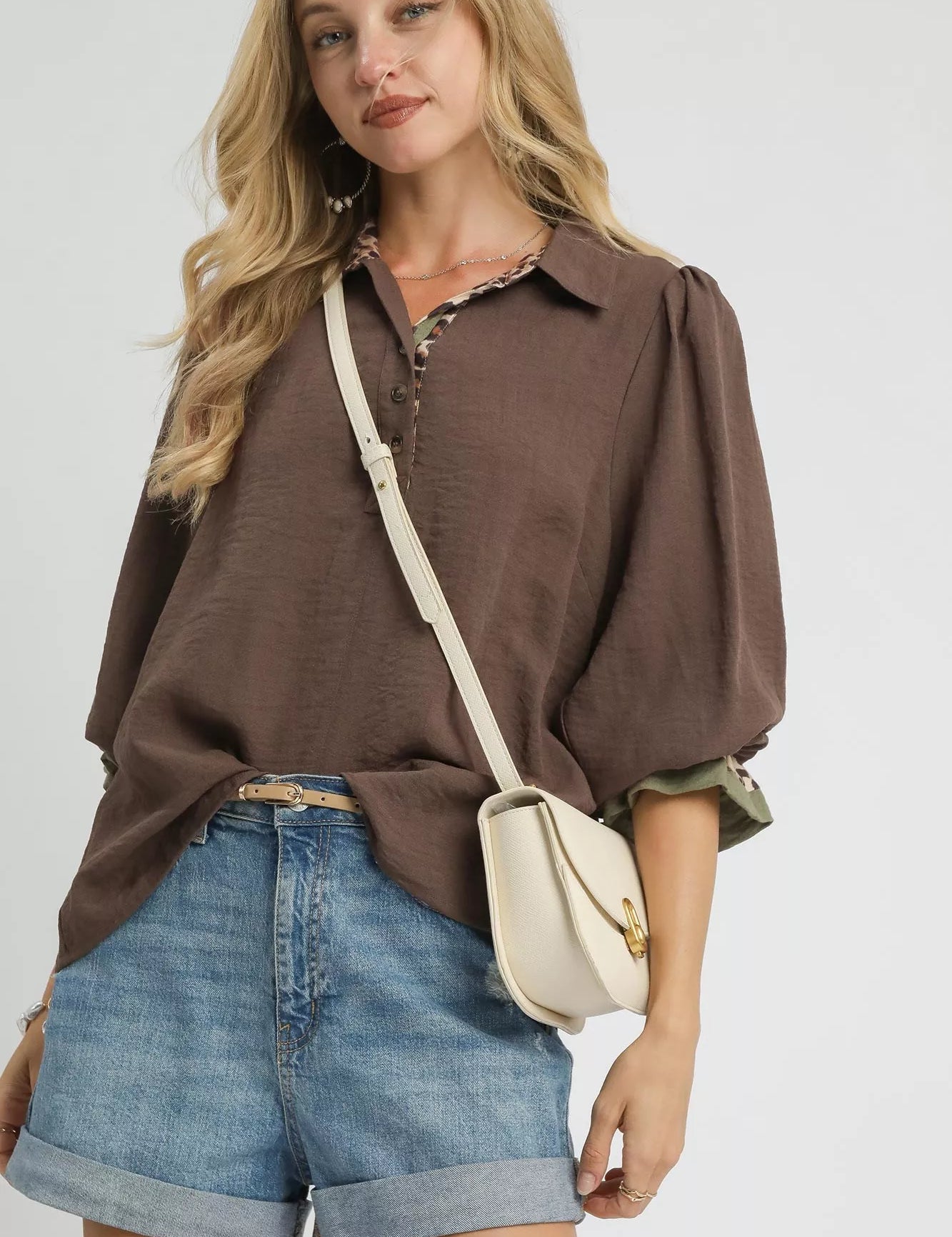 Umgee Half Button Blouse with Leopard Print Trim | Daverri Fashions