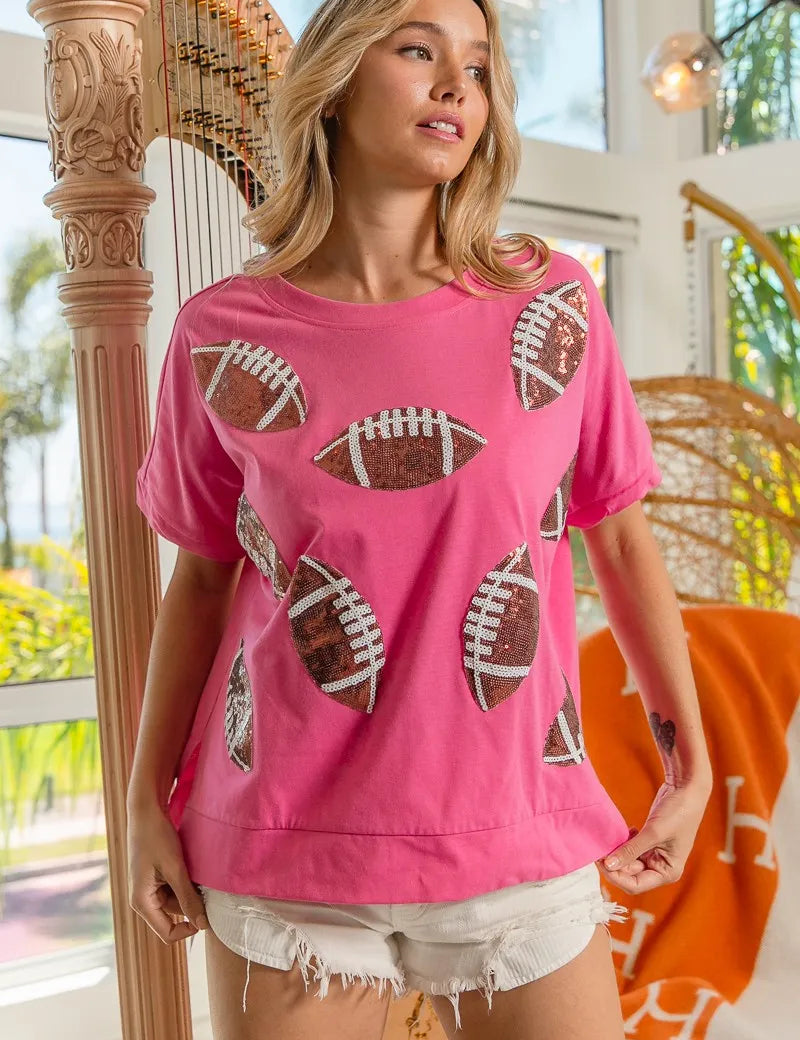 BiBi Game Day Sequins Patched Half Sleeves Top | Tops Daverri Fashions